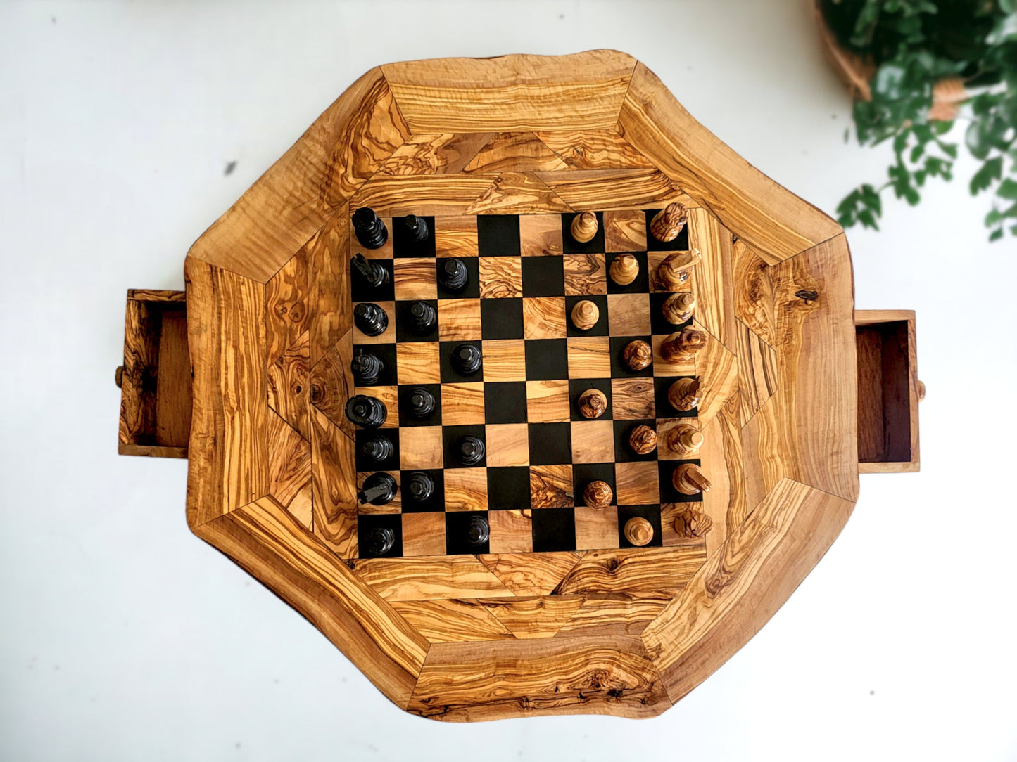 Olive Wood Chess Set 3 Legged Wooden Display Table With Built-In Chess Board | Perfect Gift Idea For Chess And Unique Gift Lovers