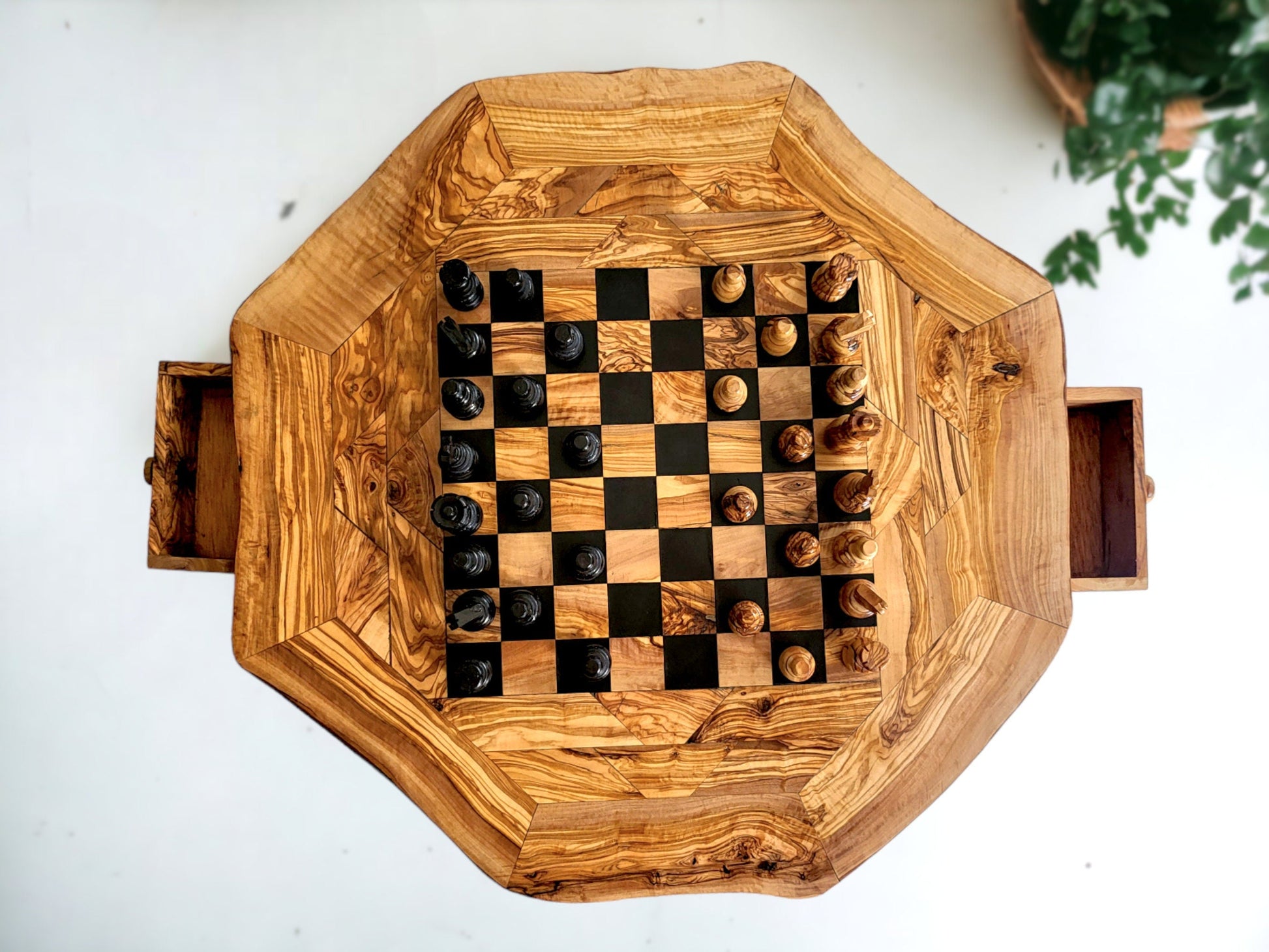Olive Wood Chess Set 3 Legged Wooden Display Table With Built-In Chess Board | Perfect Gift Idea For Chess And Unique Gift Lovers