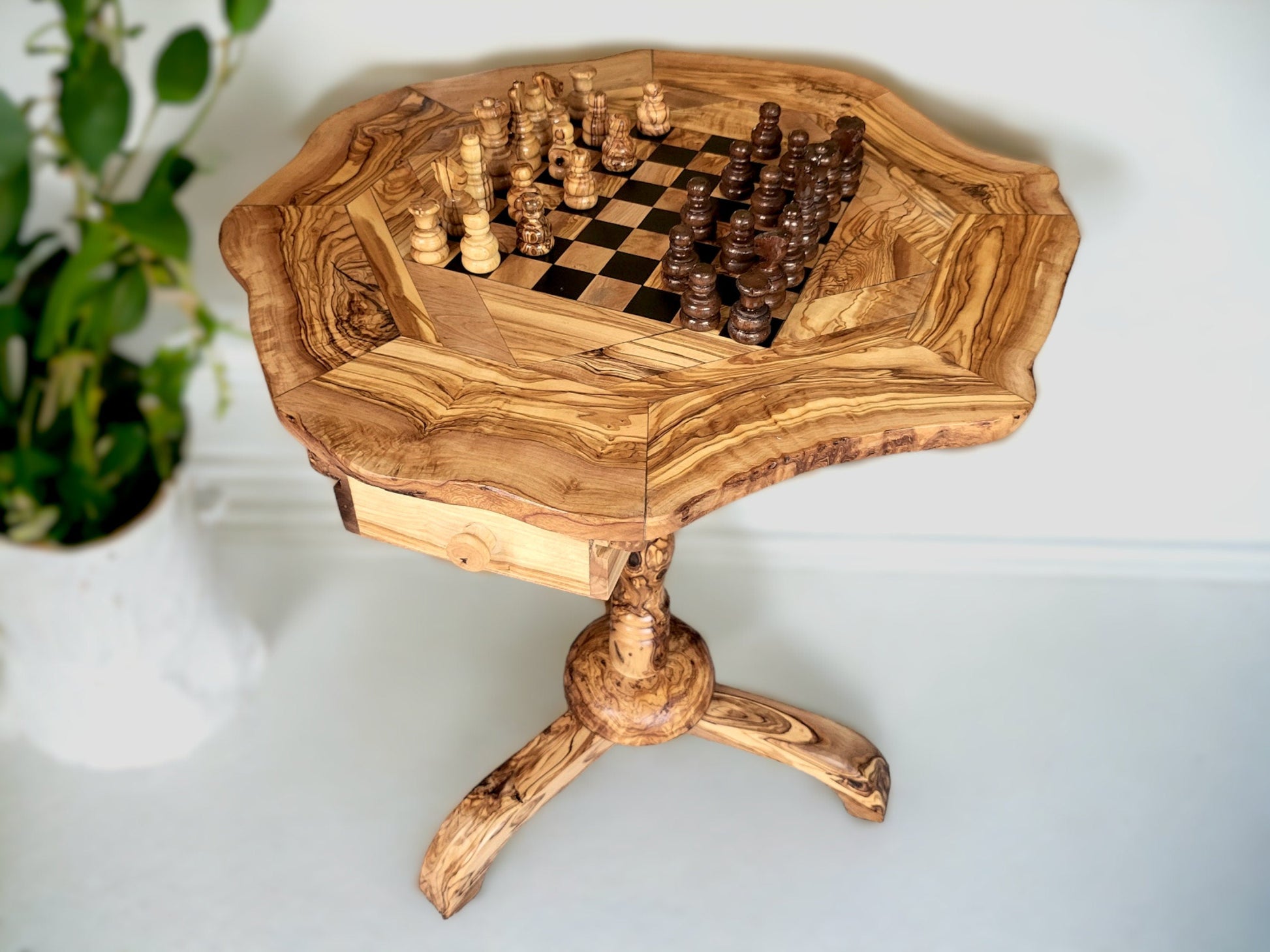 Olive Wood Chess Set 3 Legged Wooden Display Table With Built-In Chess Board | Perfect Gift Idea For Chess And Unique Gift Lovers