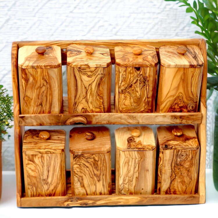 Olive Wood Spice Rack with 8 Bottles and spoons, spice boxes , natural, Sustainably Sourced,Eco-Friendly, handmade, gift
