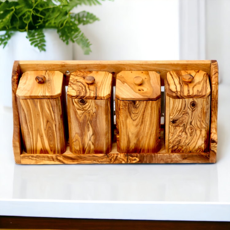Olive Wood Spice Rack with 8 Bottles and spoons, spice boxes , natural, Sustainably Sourced,Eco-Friendly, handmade, gift