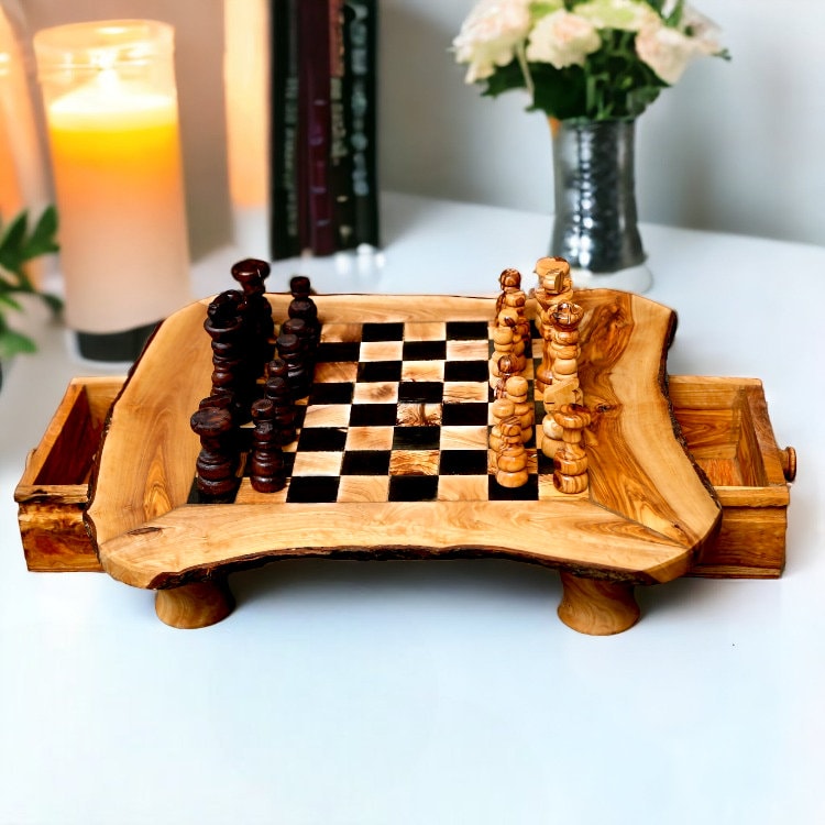 Olive Wood Chess Board with Two Drawers, gift, gift for him, birthday gift, chess lovers, chess set, chess set with chess pieces