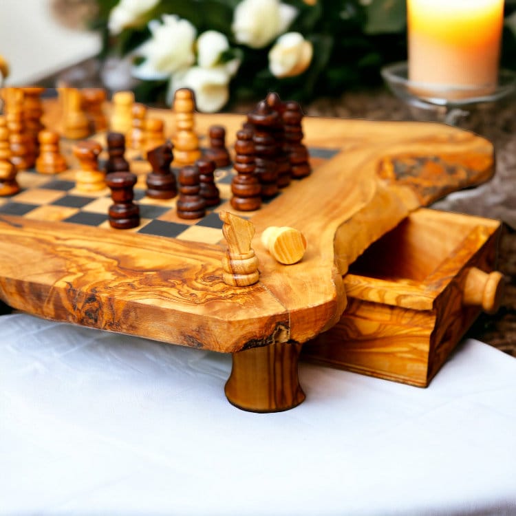 Olive Wood Chess Board with Two Drawers, gift, gift for him, birthday gift, chess lovers, chess set, chess set with chess pieces