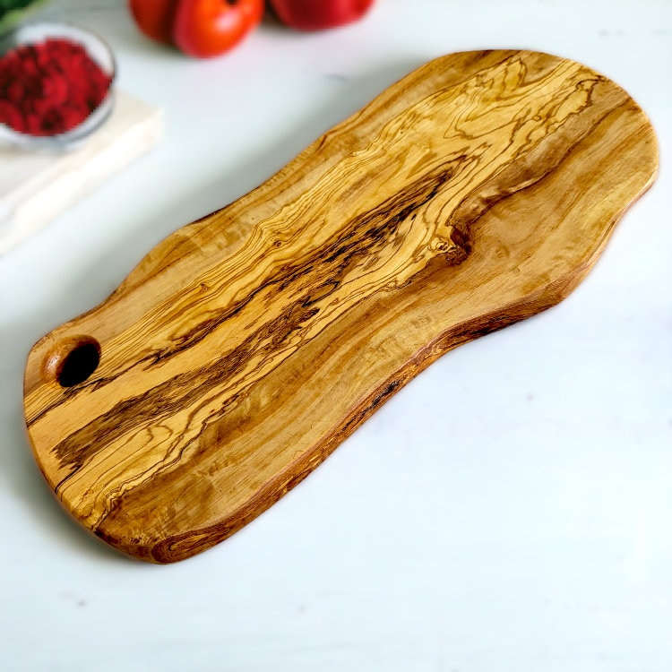 Olive Wood Handcrafted Irregular Shaped Charcuterie Wooden Cutting/Chopping Board with Hole | Unique Kitchen Gift Idea