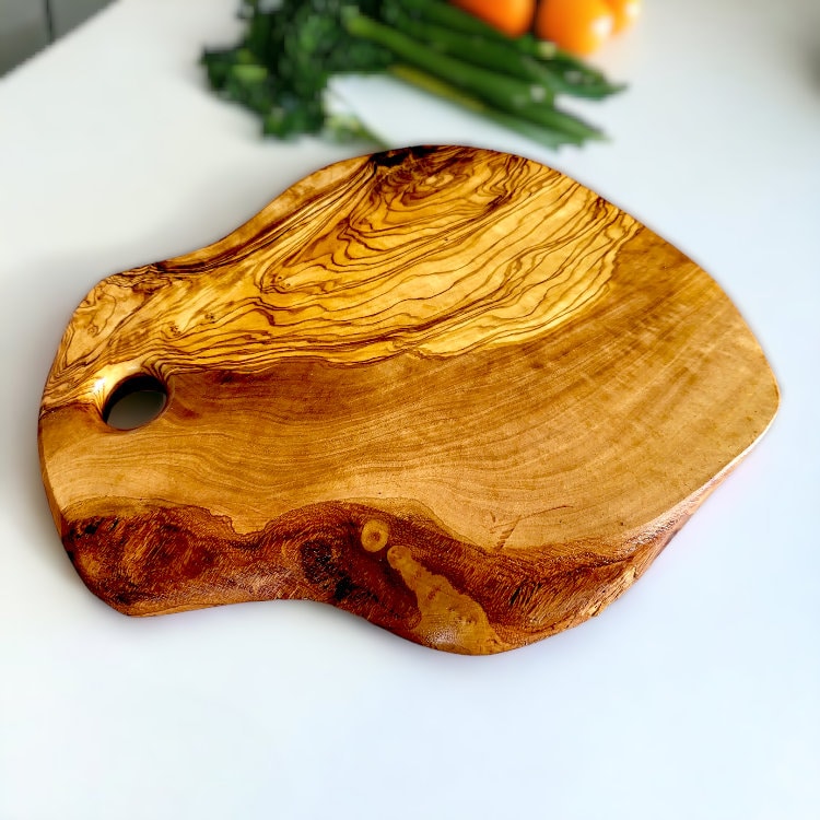 Olive Wood Handcrafted Irregular Shaped Charcuterie Wooden Cutting/Chopping Board with Hole | Unique Kitchen Gift Idea