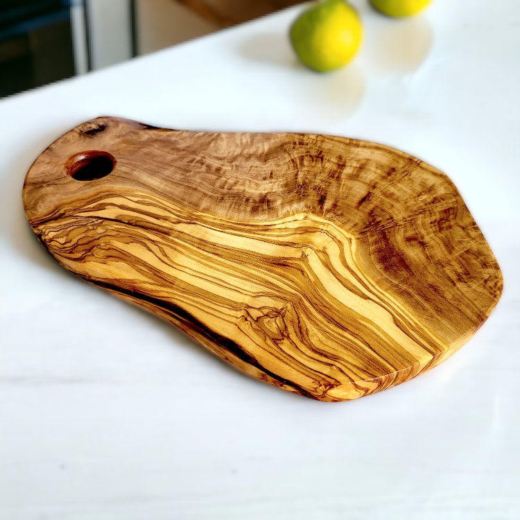 Olive Wood Handcrafted Irregular Shaped Charcuterie Wooden Cutting/Chopping Board with Hole | Unique Kitchen Gift Idea