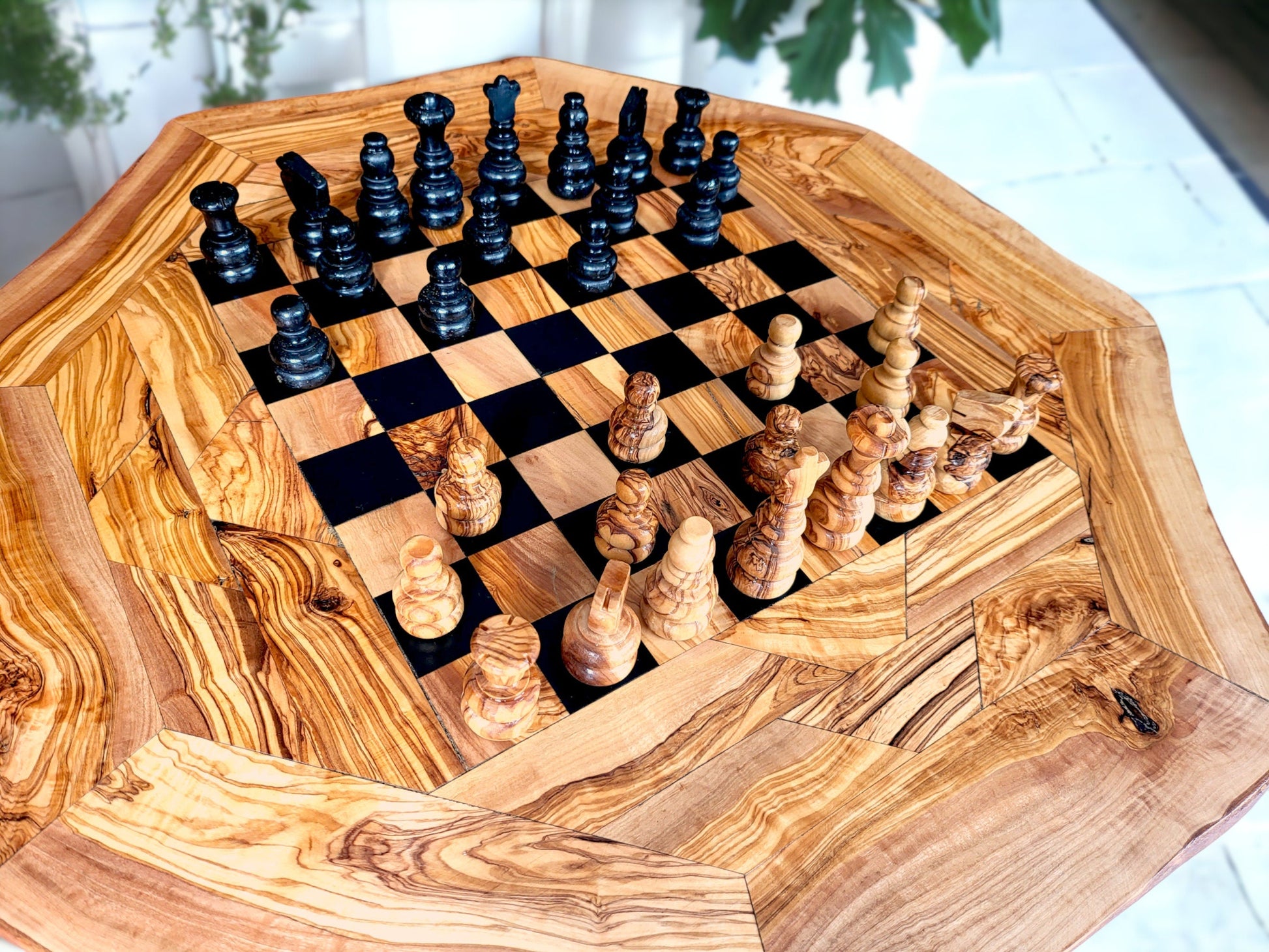 Olive Wood Chess Set 3 Legged Wooden Display Table With Built-In Chess Board | Perfect Gift Idea For Chess And Unique Gift Lovers