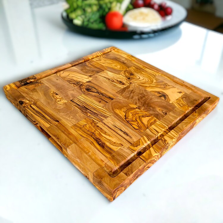 Olive Wood End Grain Chopping/Cutting Board | Large Heavy Rectangular Charcuterie W/ Drip Catching Groove | Various Sizes