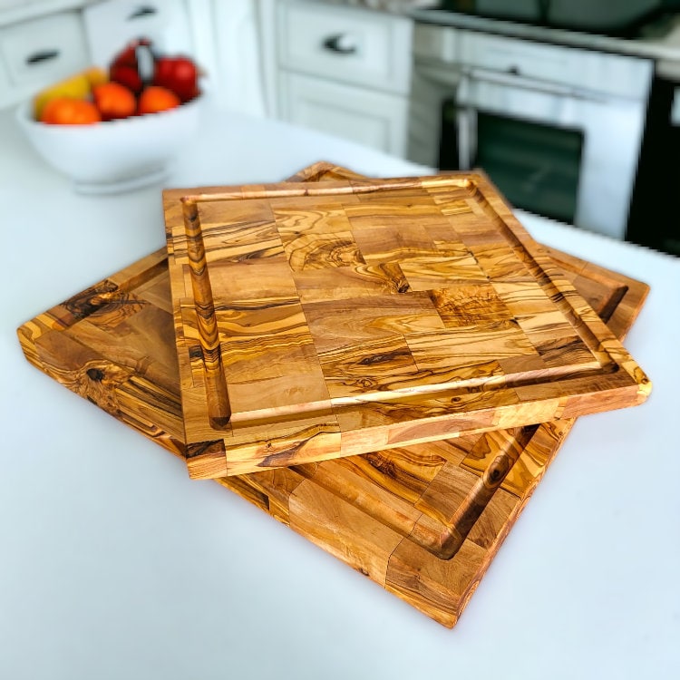 Olive Wood End Grain Chopping/Cutting Board | Large Heavy Rectangular Charcuterie W/ Drip Catching Groove | Various Sizes