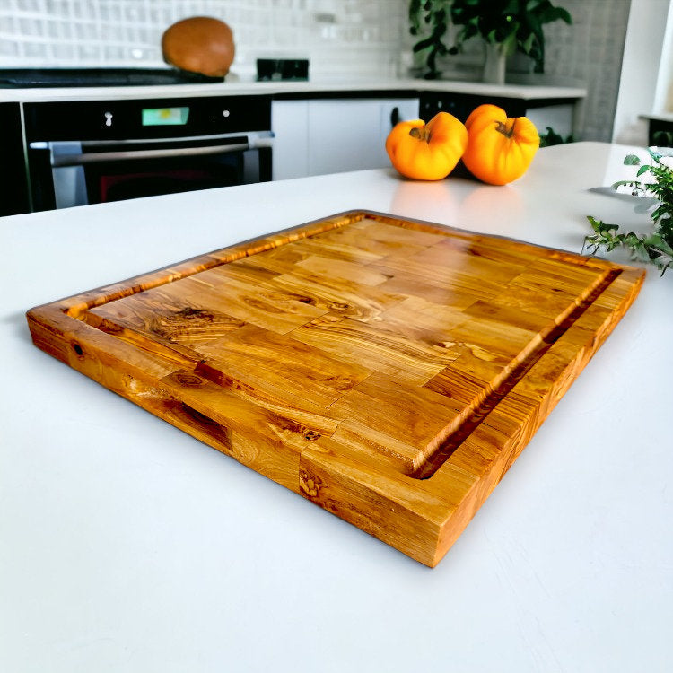 Olive Wood End Grain Chopping/Cutting Board | Large Heavy Rectangular Charcuterie W/ Drip Catching Groove | Various Sizes