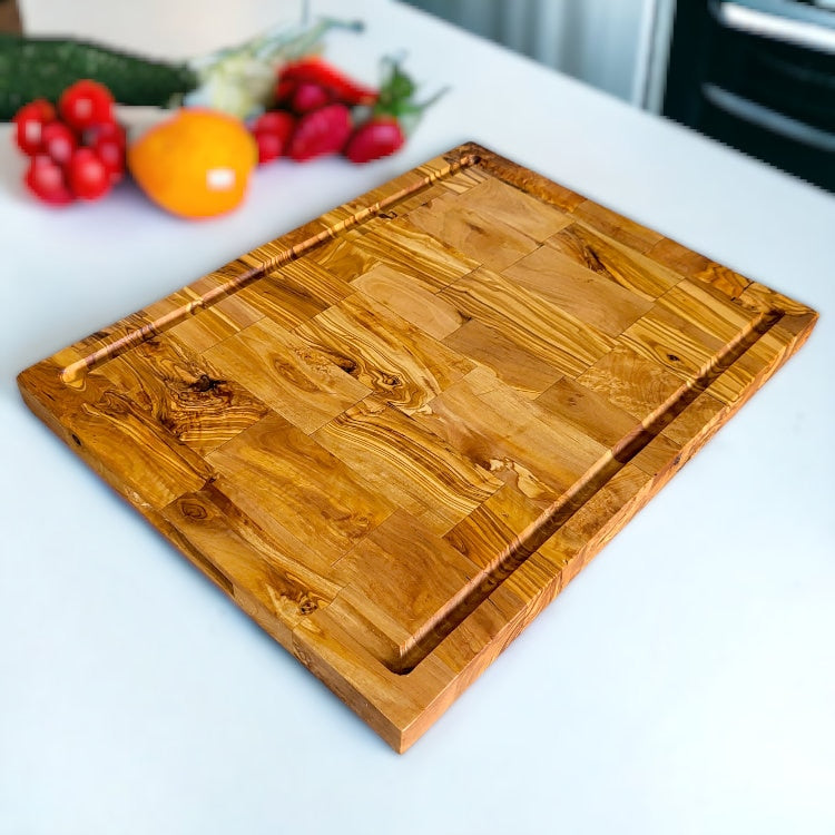 Olive Wood End Grain Chopping/Cutting Board | Large Heavy Rectangular Charcuterie W/ Drip Catching Groove | Various Sizes