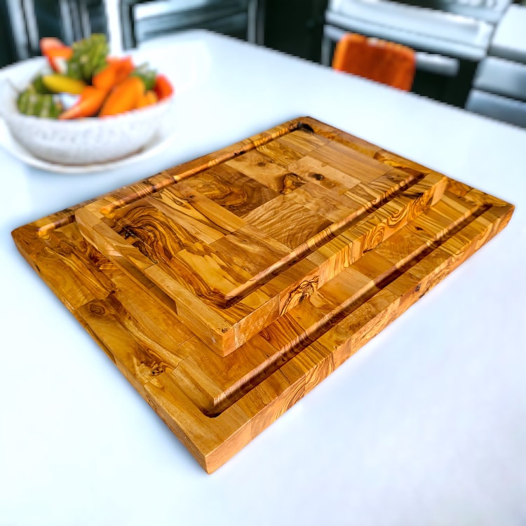 Olive Wood End Grain Chopping/Cutting Board | Large Heavy Rectangular Charcuterie W/ Drip Catching Groove | Various Sizes