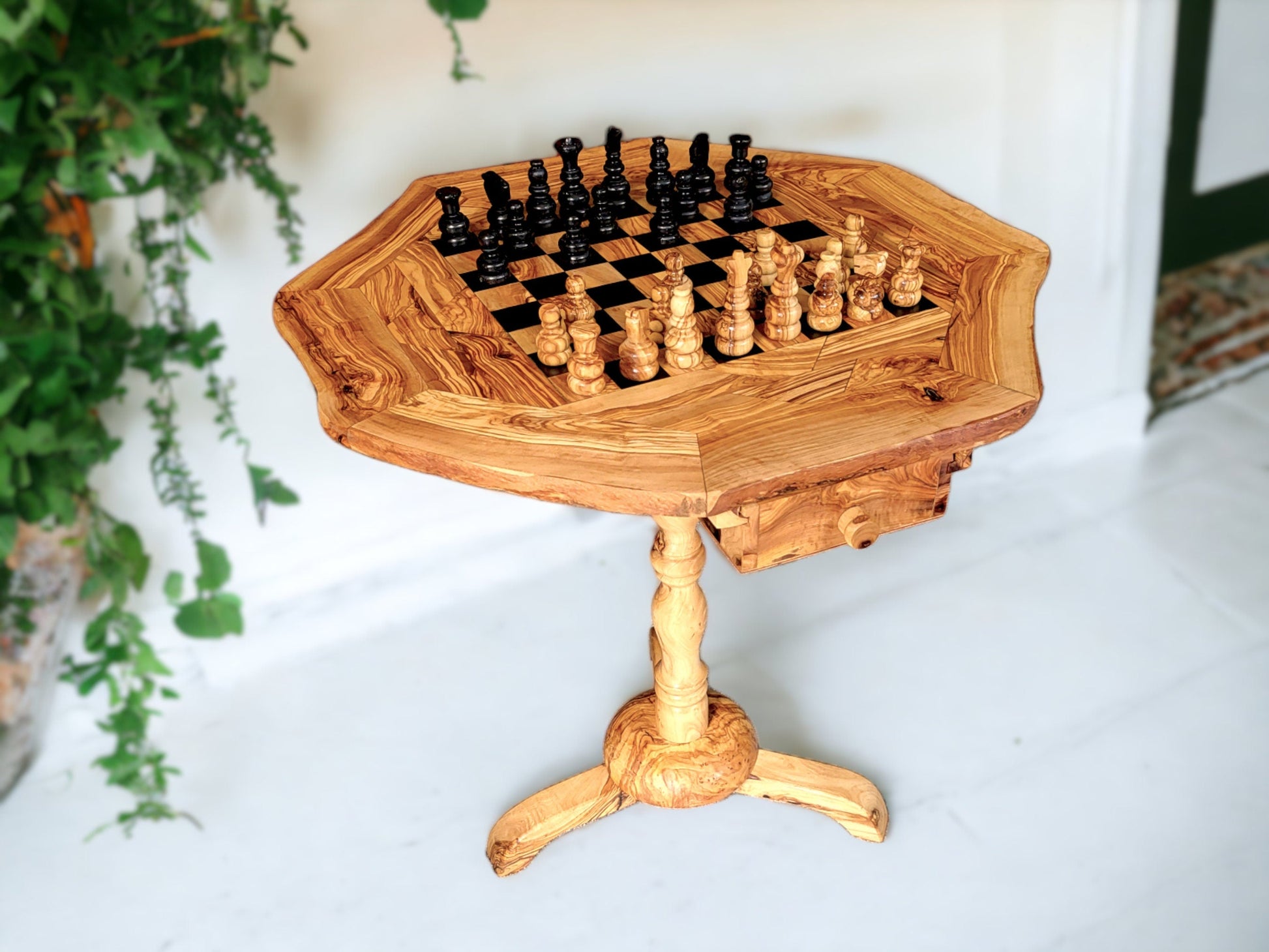 Olive Wood Chess Set 3 Legged Wooden Display Table With Built-In Chess Board | Perfect Gift Idea For Chess And Unique Gift Lovers