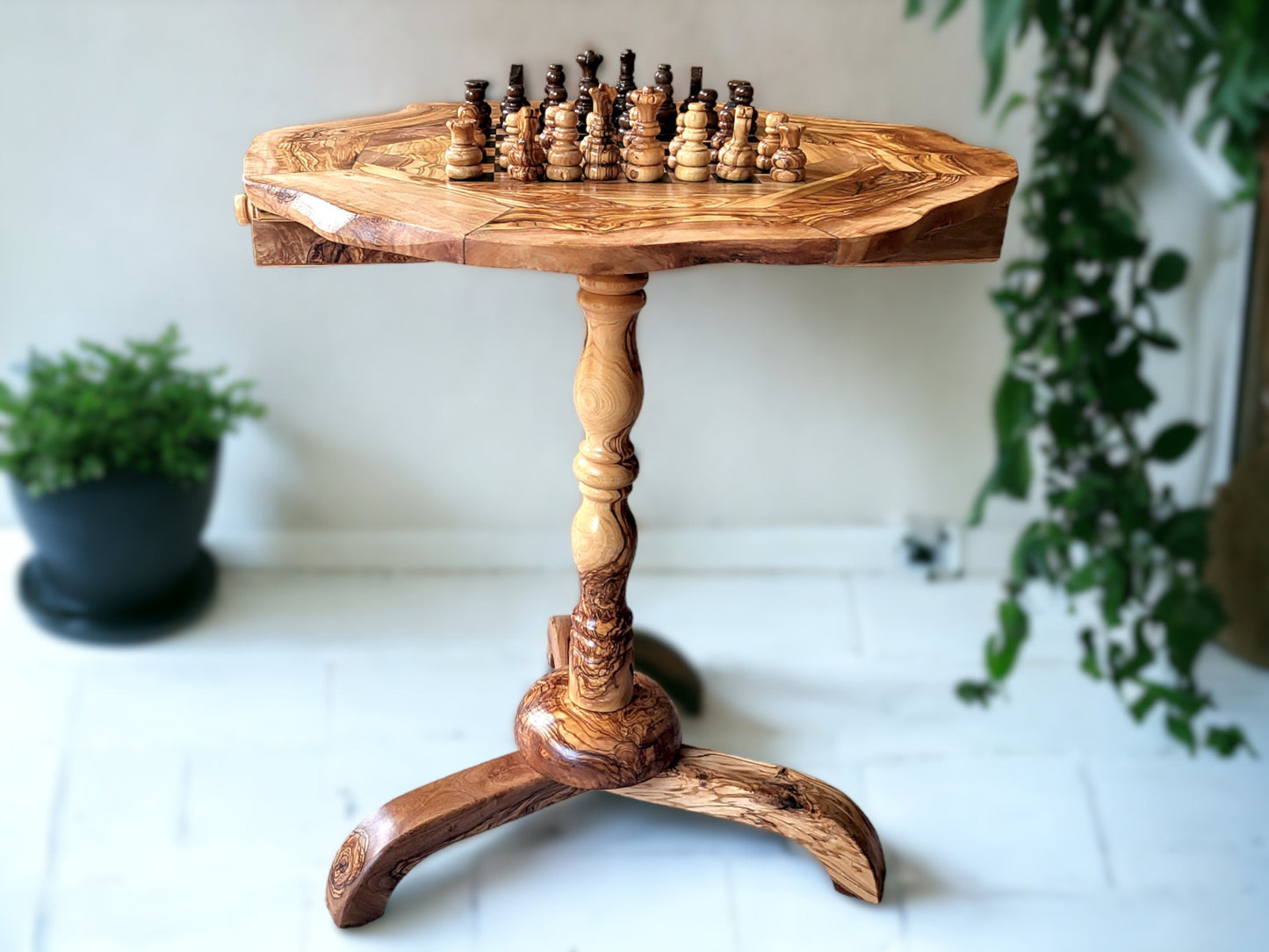 Olive Wood Chess Set 3 Legged Wooden Display Table With Built-In Chess Board | Perfect Gift Idea For Chess And Unique Gift Lovers