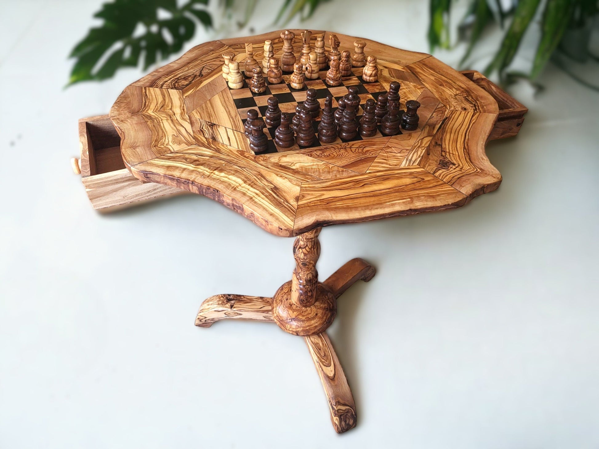 Olive Wood Chess Set 3 Legged Wooden Display Table With Built-In Chess Board | Perfect Gift Idea For Chess And Unique Gift Lovers