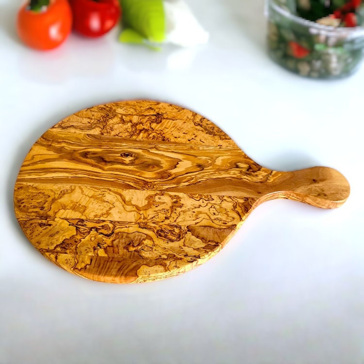 Olive Wood Handcrafted Round Charcuterie Cutting/Chopping Pizza Board With Handle | Various Sizes | Perfect Pizza Lovers Gift Idea
