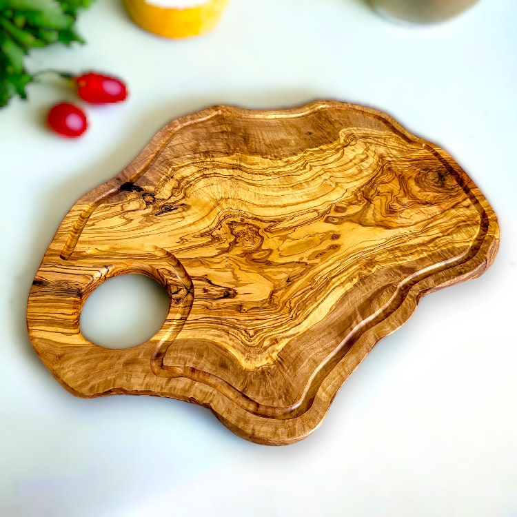 Olive Wood Large Solid Irregular Shape Cutting Board with Handle and Groove | 40 - 70cm