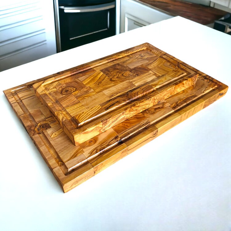 Olive Wood End Grain Chopping/Cutting Board | Large Heavy Rectangular Charcuterie W/ Drip Catching Groove | Various Sizes