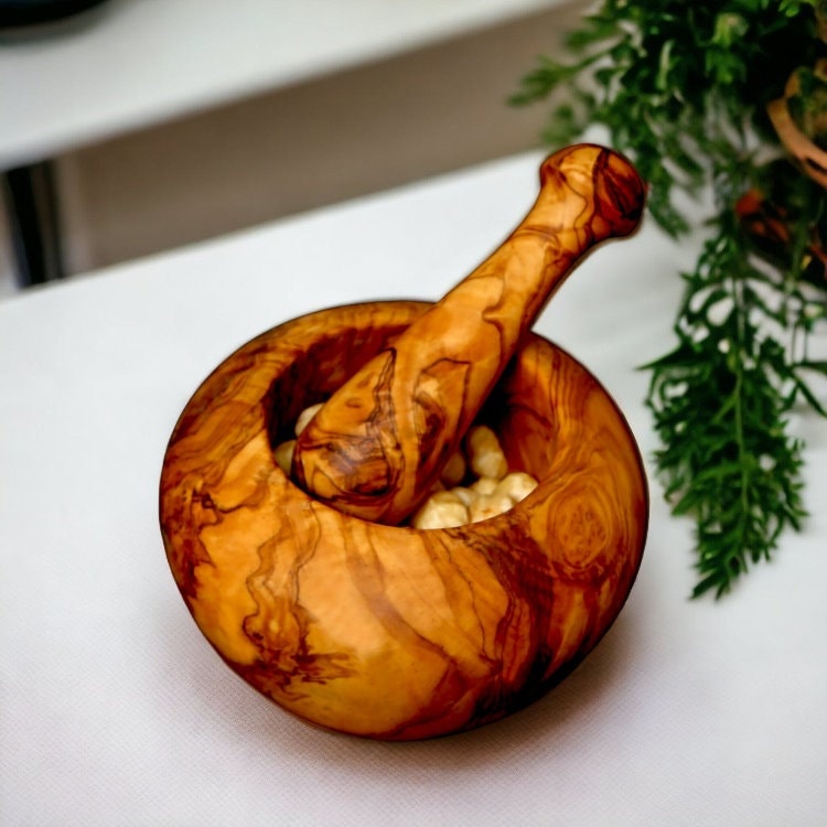 Pestle & Mortar Made From Solid Olive Wood | Round Heavy Wooden | Makes Great Housewarming Gift