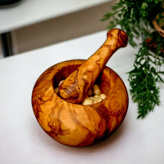 Pestle & Mortar Made From Solid Olive Wood | Round Heavy Wooden | Makes Great Housewarming Gift