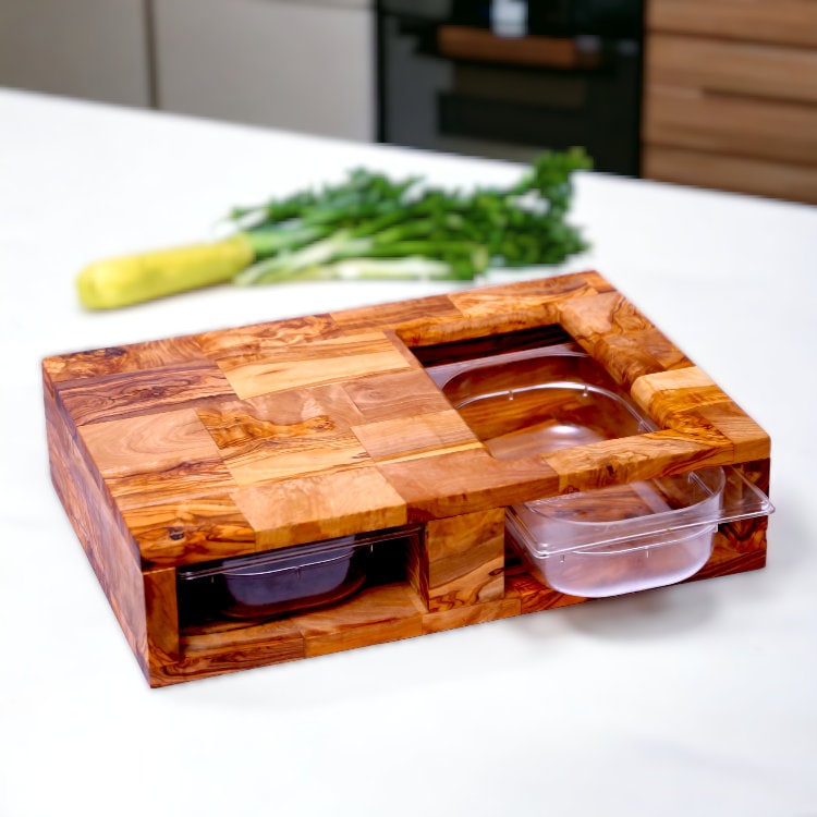 Olive Wood End Grain Cutting Board with 2 Containers 42 cm, cooking, kitchen, restaurant, natural, handmade, decor, chef, parents, gift