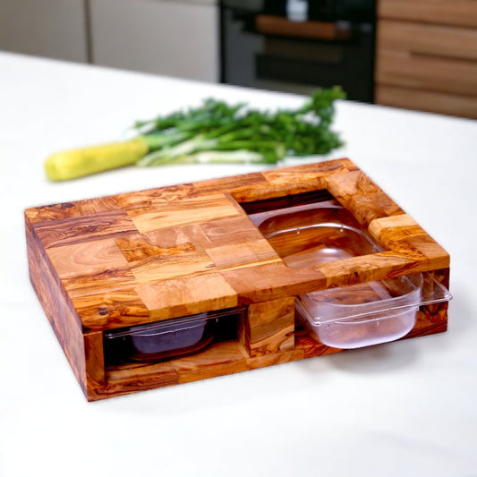 Olive Wood End Grain Cutting Board with 2 Containers 42 cm, cooking, kitchen, restaurant, natural, handmade, decor, chef, parents, gift