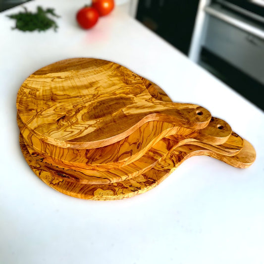 Olive Wood Handcrafted Round Charcuterie Cutting/Chopping Pizza Board With Handle | Various Sizes | Perfect Pizza Lovers Gift Idea