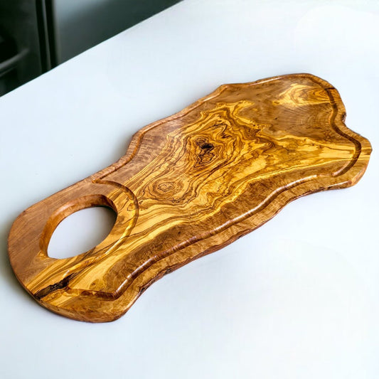 Olive Wood Large Solid Irregular Shape Cutting Board with Handle and Groove | 40 - 70cm