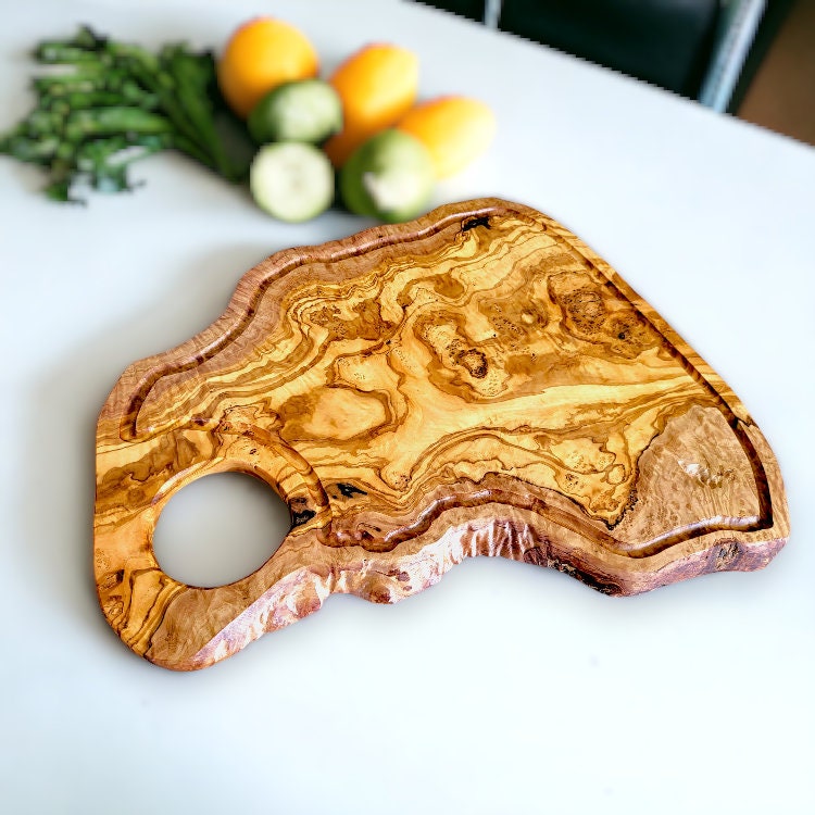 Olive Wood Large Solid Irregular Shape Cutting Board with Handle and Groove | 40 - 70cm