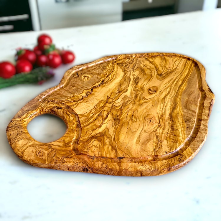 Olive Wood Large Solid Irregular Shape Cutting Board with Handle and Groove | 40 - 70cm