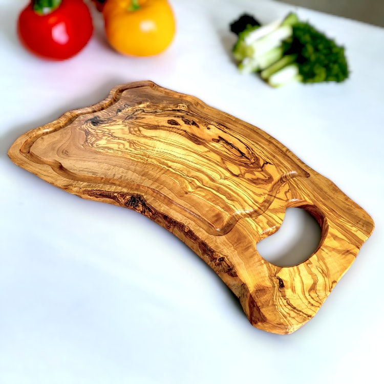 Olive Wood Large Solid Irregular Shape Cutting Board with Handle and Groove | 40 - 70cm