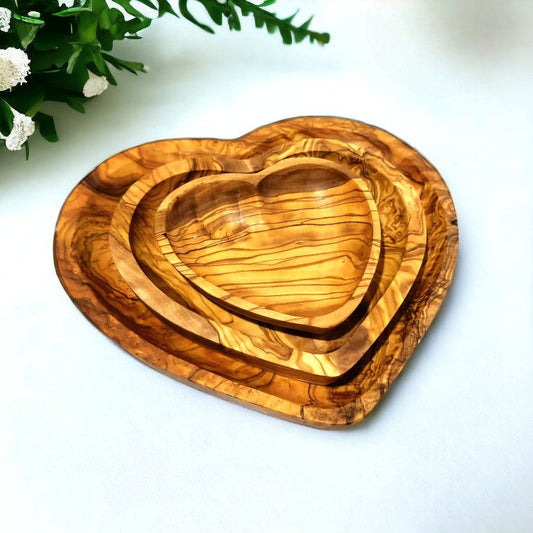 Set Of 3 Handcrafted Olive Wood Wooden Heart Shaped Side Dishes For Nuts, Condiments, Side Salads etc. Romantic Gift Idea