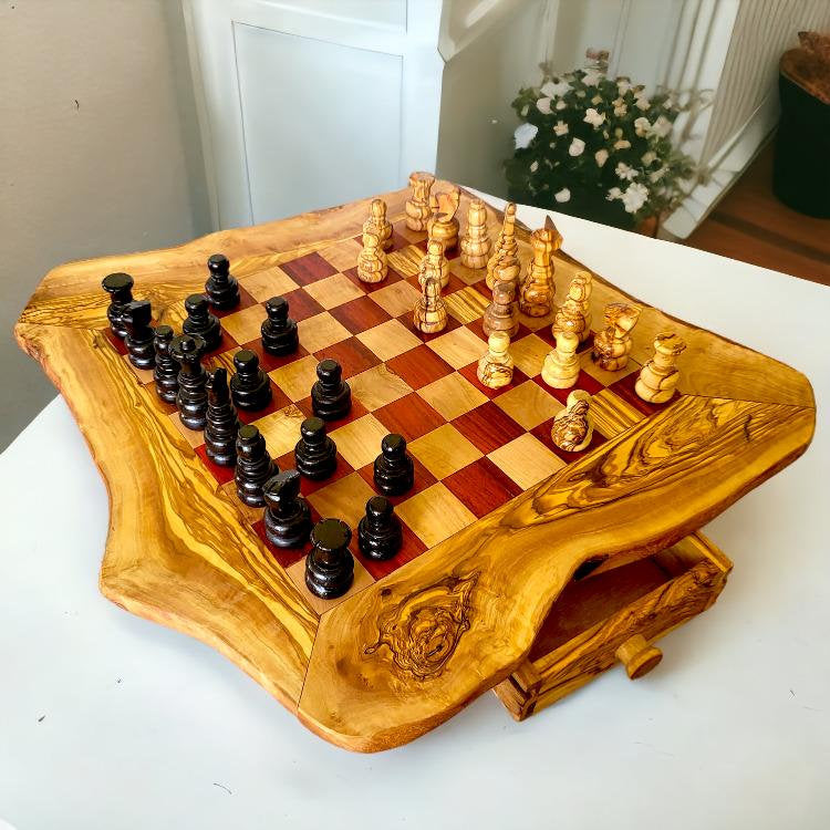 Olive Wood Chess Board with Two Drawers, gift, gift for him, birthday gift, chess lovers, chess set, chess set with chess pieces