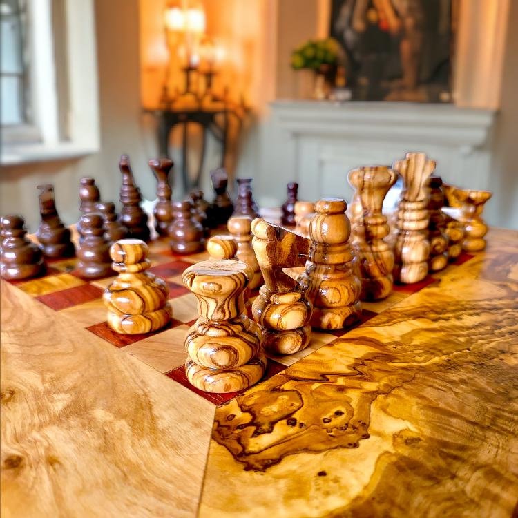 Olive Wood Chess Board with Two Drawers, gift, gift for him, birthday gift, chess lovers, chess set, chess set with chess pieces