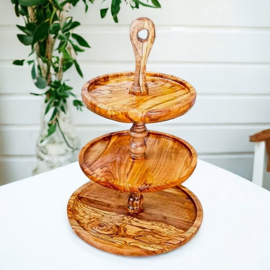 Olive Wood 3 Tiered Serving Tray/Platter Dining Room Centrepiece For Dinner Parties