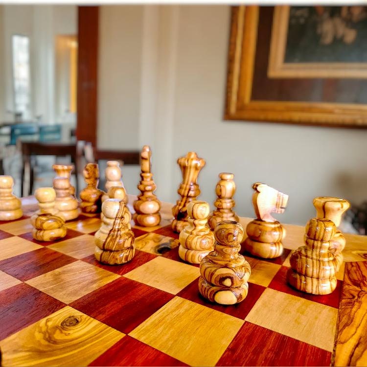 Olive Wood Chess Set 3 Legged Wooden Display Table With Built-In Chess Board | Perfect Gift Idea For Chess And Unique Gift Lovers
