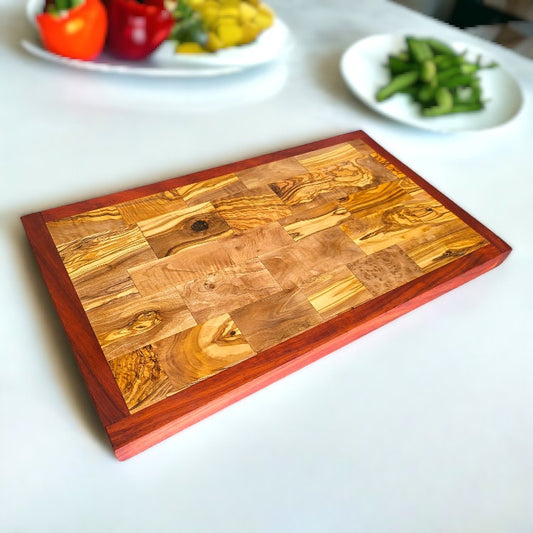 Rectangular End Grain Cutting Board with Red Border