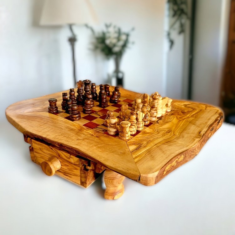 Olive Wood Chess Board with Two Drawers, gift, gift for him, birthday gift, chess lovers, chess set, chess set with chess pieces